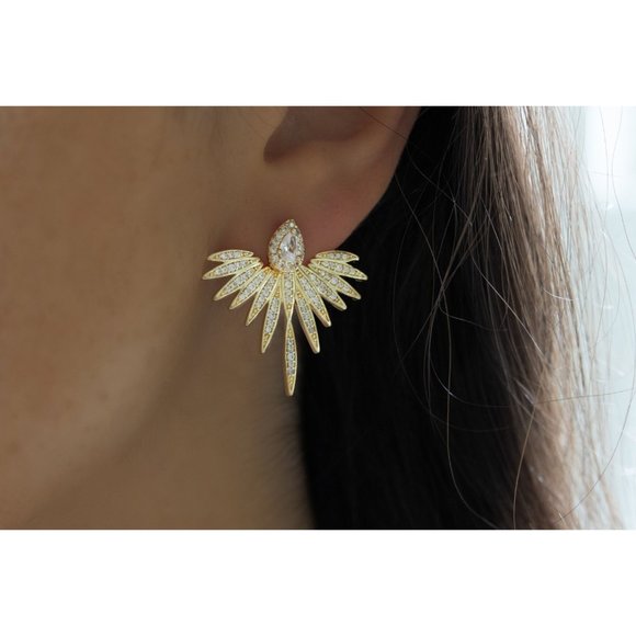 Diamond Ear Jacket Earrings Feather Front & Back Jacket Earrings Cubic Zirconia - Picture 3 of 5